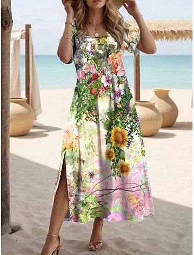  Femmes Robe Midi Robe T-Shirt Robe trapèze Robe d'été Vacances Occasionnel Plage Sortir Coupe régulière Fleuri Graphique Paysage Manche Courte Col Rond Vert Été Printemps