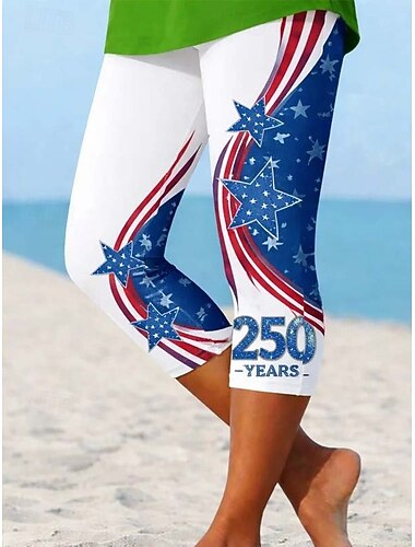  Onafhankelijkheidsdag Amerikaanse verjaardag Patriottische dames Capri Broeken Leggings Vakantie Hawaïaans Stijlvol Capris Middelmatige Taille Broek Grafisch Nationale Vlag Comfort Hoge Elasticiteit