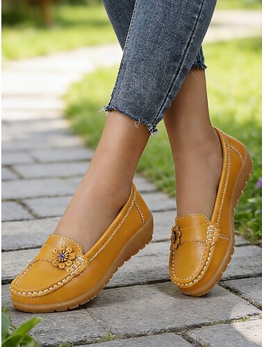  Mocassini di comfort gialli da donna – Scarpe casual in stile camminata con dettaglio floreale in pelle sintetica per lavoro shopping viaggi e uso quotidiano