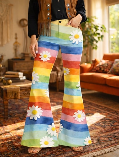  Rétro Vintage Boho Années 1970 Pantalon Pantalons à pattes d'éléphant Hippie Disco Taille haute Fleuri Déguisement Femmes Mascarade Festival de Musique Soirée Défilé de la Fierté Adulte Pantalon