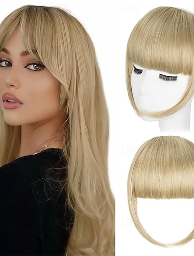  Synthetische Clip-in-Ponyfransen, aschblond, mit Schläfenpartie, natürlich geschwungene Haarverlängerungen für den Alltag