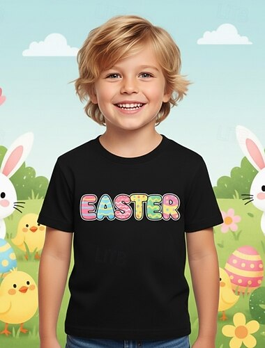  100 % bomull påsk barn pojkar blå svart vit grafisk bokstav t-shirt blus rund hals kortärmad utomhus vardag mode streetwear designer tryck sommar vår