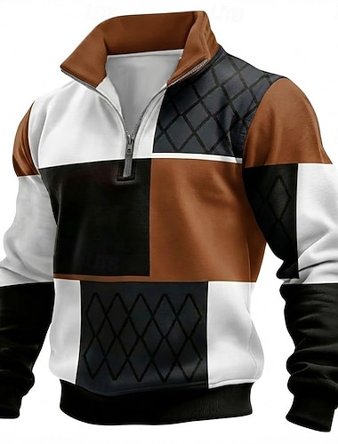  Felpa da uomo con cerniera a un quarto, motivo geometrico a blocchi di colore, patchwork, collo alto, abbigliamento casual, abbigliamento s m l xl xxl xxxl