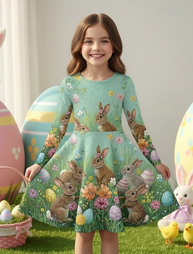  Ostern Mädchen' 3D Grafik Kaninchen Kleid Langarm 3D-Druck Frühling Herbst Täglich Urlaub Party Lässig Prinzessin Schön Kinder 4-12 Jahre Freizeitkleid A Linie Kleid Knielang Normale Passform