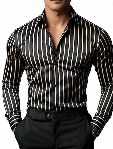  Herren Hemd Satinhemd Gestreiftes Hemd Lässiges Hemd Knopfhemd Gestreift Hochzeit Urlaub Schwarz Wein Marineblau Grün Langarm Kragen Frühling & Herbst Bekleidung