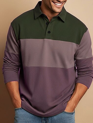  رجالي شرائط أفقية لعبة الرجبي بولو كم طويل قمصان البولو قميص بياقة ملابس رياضية كاجوال الأماكن المفتوحة مدرسة ملابس الرياضة طباعة ثلاثية الأبعاد الربيع الخريف الشتاء أزرق أرجواني أخضر