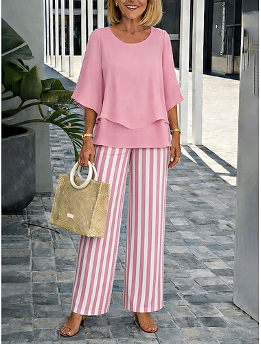  Damen Hosen-Sets Halbarm Schmetterling Rundhals Grafik Gestreift Elegant Urlaub Lässig Täglich Blau Gelb Rosa Frühling & Sommer Normale Passform