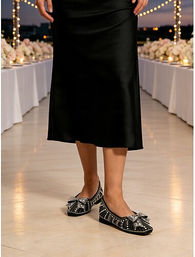  Dames ballerina's in zwart met strasssteentjes en strik, elegante en comfortabele geklede schoenen voor de moeder van de bruid bij stadsbruiloften.