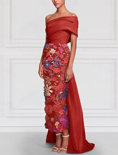  Fourreau Colonne Longueur thé Robes de Cocktail Robe de Soirée Robe de bal avec surjupe Tenue de soirée Élégant Sans manches Épaules Dénudées Fête de jardin Mariage Satin avec Noeud(s) Broderie