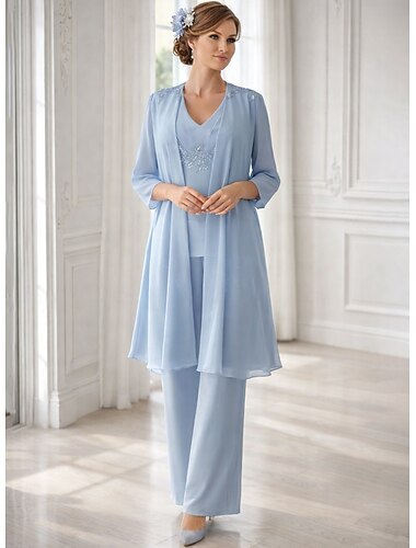  Ensembles de robes longueur sol robe mère de la mariée longue manches décolleté en V élégante simple invitée de mariage avec couleur unie