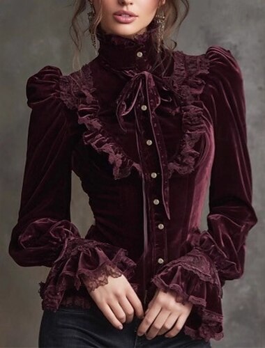  Mulheres Camisa Social Veludo Blusa Botões Tecido Vintage à moda Básico Manga Longa Gola Alta Tops regulares Diário Feriado Para Noite Vermelho Primavera Outono