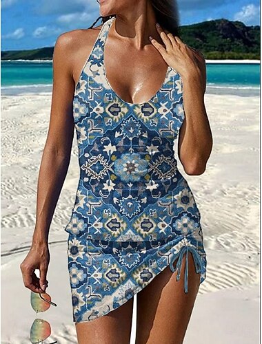  Dames Zwemkleding Tankini Rok Zwempak Elegant Vakantie Grafisch Meetkundig V-hals Mouwloos Badpakken