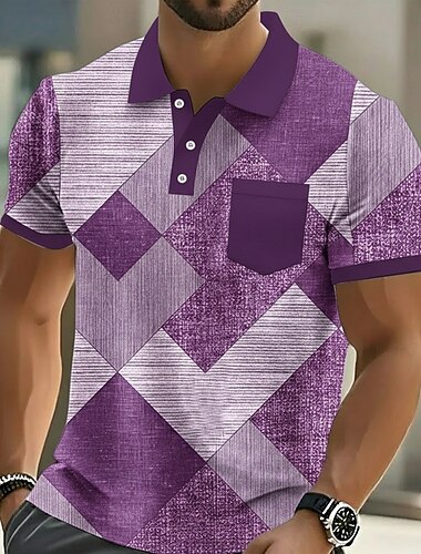 Voor heren Kleurenblok Meetkundig Polo Korte mouw Poloshirt Overhemden met kraag Zakelijk informeel Buiten Sportkleding Alledaagse kleding 3D-afdrukken Knop Zomer Lente blauw Paars Groen