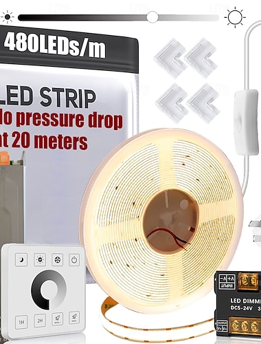  24V COB-LED-Streifen-Set, 20 m (65,6 ft), dimmbar, weiß, kürzbar, kein Druckabfall, CRI 93, für Schlafzimmer- und Innendekoration, optional mit Fernbedienung und Netzteil