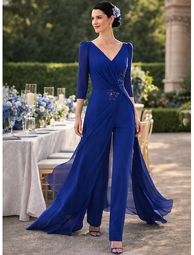  Combinaison Tailleur-Pantalon Longueur au sol Robe de Mère de Mariée  Manche 3/4 Col en V Encolure droite Élégant ancien Formel robe demoiselle d honneur Chiffon avec Froncé Volants en Cascade