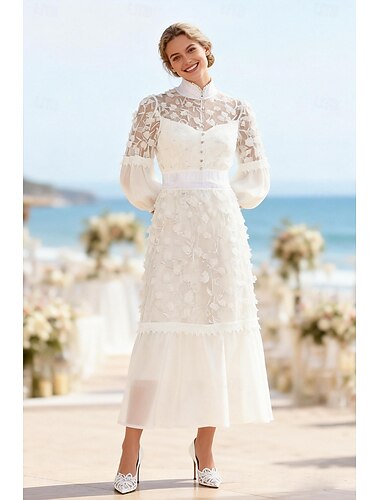  Ligne A Longueur thé Robe Blanche petite robe blanche ancien Petites Robes Blanches manche longue Col haut Mariage avec Fleurs 3D