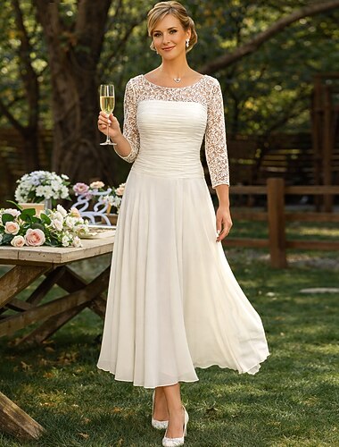  A-الخط طول الكعب فستان الحفلة فستان كوكتيل فستان زفاف ضيف فستان أم العروس 3/4 الكم جوهرة أنيق ضيف حفل زفاف شيفون دانتيل مع ترتر ruching في