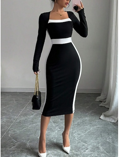  Damen Midikleid Figurbetontes Kleid Halbformelle Kleider Büro Normale Passform Farbblock Langarm Quadrathals Schwarz Marineblau Frühling Herbst