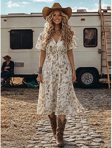  Damen Midi Kleid Boho Strandkleid Freizeit Kleid Ethnokleid Chiffon Kleid Elegant Bohemia Urlaub Reguläre Passform Floral Kurze Ärmel V-Ausschnitt Beige Sommer Frühling
