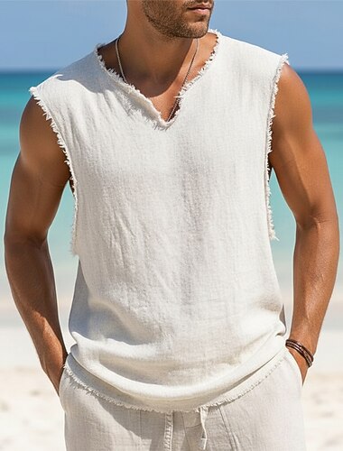  Pánské Lněná košile Bez rukávů Vesta Košile bez rukávů Bez rukávů Do V Léto Bez vzoru Módní Klasické Pohodlné Ležérní Dovolená Bílá Top tričko pro muže