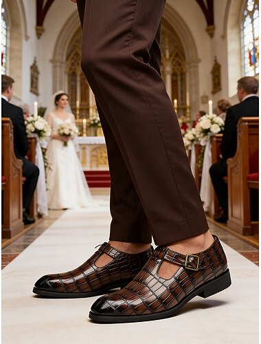  Brune herresko i kunstskinn med munkestropp, krokodillepreget overdel, polert finish, klassisk elegant stil for brudgommer, bryllupsgjester og formelle seremonier