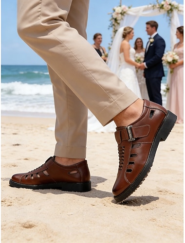  Brune herresko i kunstskinn, justerbar spenne, komfortabel passform, smart avslappet stil, perfekt for strandbryllup og utendørsarrangementer