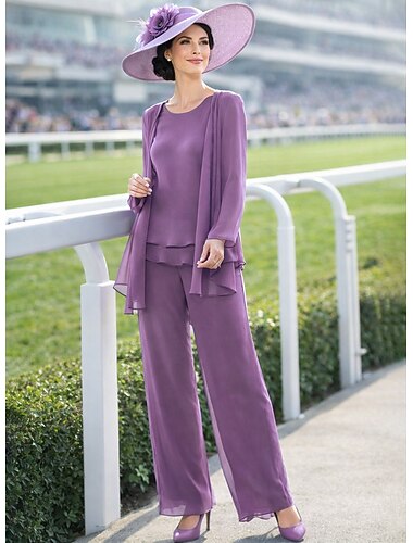  Traje de pantalón Traje de 3 piezas Hasta el Suelo Vestido de Madrina Manga Larga Cuello Barco Elegante Formal Invitado a la boda Gasa Bolero incluido con Encaje Volante Bordados