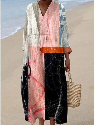  Dame Maxikjole Skift Kjole Sommerkjole Ferie Afslappet Strand I-byen-tøj Løstsiddende Grafisk Geometrisk Abstrakt Langærmet V-hals Blå Rød Lysebrun Lyserød / Sort Sommer Forår