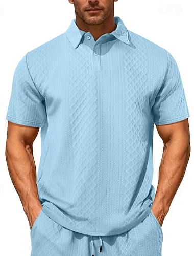  Herren Poloshirts Textur Lässig Geschäft Gerippter Polokragen Kurzarm Mode Basic Einfarbig Jacquard Knöpfe Sommer Frühling & Herbst Lässiger Schnitt Blau Dunkelrot Schwarz Weiß Marinenblau Hellgrau