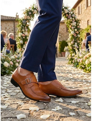  mäns bruna konstläderskor med munkband med spänndetalj, eleganta formella skor för affärer och speciella tillfällen