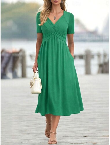  Damen Midikleid A Linie Kleid Sommerkleid Lässig Täglich Normale Passform Einfach Kurzarm V Ausschnitt Blau Rote Grün Grau Sommer Frühling