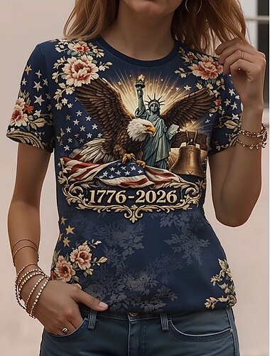  Onafhankelijkheidsdag Amerikaanse Jubileum Patriottische Dames T-shirt Grafisch Nationaal Vlag Vintage Stijlvol Klassiek Korte Mouwen Crew Neck Ronde Hals Dagelijkse Weekend Print Blauw Rood Rood