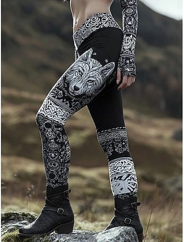  Dame Leggings Ferie Årgang Etnisk stil Full lengde Høy Midje Grafisk Dyr Komfort Hurtigtørkende Pusteevne Elastisk Daglig Feriereise Gate Mørkegrå Svart Vår Høst Slank Fasong