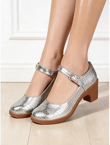  Chaussures de danse Mary Jane argentées pour femmes, talons carrés à motif crocodile pour les spectacles de danse professionnels.