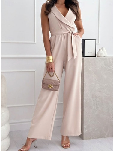  Damen Normal Overall Elegant Einfarbig Ärmellos Weites Bein V Ausschnitt Schnürung Tasche Täglich Heim Normale Passform Schwarz Weiß Rote Sommer