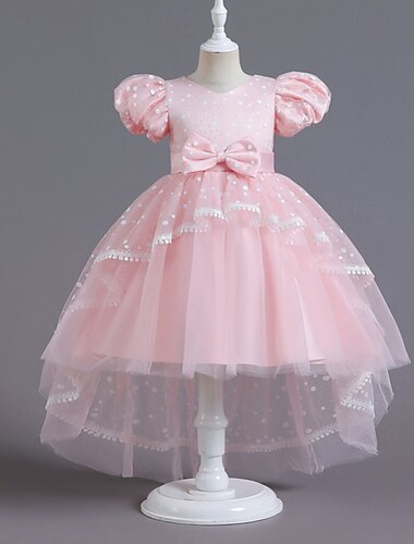  フラワーガールドレス 女の子 フォーマルドレス 結婚式の服装 パーティー 結婚式 フォーマル 愛らしい プリンセス 美しい パッチワーク メッシュ フラワー 半袖 Ｖネック ブルー ピンク 4年以上