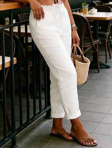  Naisten Pellavahousut Housut Kesähousut Rantahousut Loma Muoti Vapaa-aika Täyspitkä Korka vyötärö Tavallinen Tasku Joustava kiristysnauhan suunnittelu Mukavuus Pehmeä Hengittävä Joustamaton