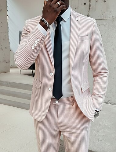  Heren Seersuckerpakken Strand bruiloft Lente bruiloft Blozend Roze Hemelsblauw Lente zomer Pak Ingesneden revers Casual Formeel Gestreept Strak 2-delige set Enkele rij knopen met twee knopen