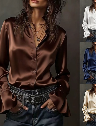  Mujer Blusa Botones Color sólido Elegante Básico Casual Manga Larga Cuello Camisero Tops regulares Diario Trabajo Blanco Champaña Azul Marino Marrón Primavera Otoño Invierno