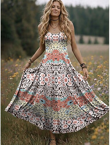  Kvinnors Maxi Klänning Boho Sommar Klänning Semester Lätt Strand Regelbunden Passform Blommig Grafisk Ärmlös Crew Hals Ljusbrun Orange Beige Sommar Vår