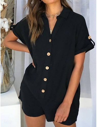  Damen Normal Strampler Aktiv Einfarbig Kurzarm Hemdkragen Hohe Taille Knöpfe Täglich Urlaub Normale Passform Schwarz Rote Khaki Sommer