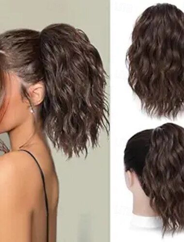  Extensão de rabo de cavalo - 30 cm (12 polegadas) com cordão, aplique de cabelo sintético ondulado e cacheado para mulheres, ideal para uso diário e festas (castanho mesclado).