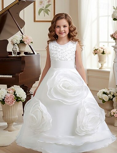  Bloemenmeisjesjurk Voor meisjes Formele kleding Trouwkleding Feest Bruiloft Formeel Formeel Prinses Eerste communiejurk Lapwerk Netstof Bloemig Mouwloos Strakke ronde hals Wit Blozend Roze 4 jaar +
