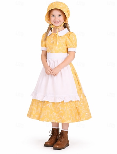  250e anniversaire des États-Unis 19ème siècle années 1800 Robe Prairie Ensemble bonnet et tablier Manches courtes Fille pionnière Epoque Coloniale Pionnier Guerre d'indépendance américaine Fleuri