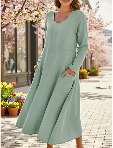  Naisten Midimekko Puuvillaiset pellavamekot Väljä mekko Muoti Moderni Päivittäin ulko- Loma Loose Fit Tavallinen Pitkähihainen Tiukka pyöreä kaula-aukko Valkoinen Vaalean vihreä Punastuvan