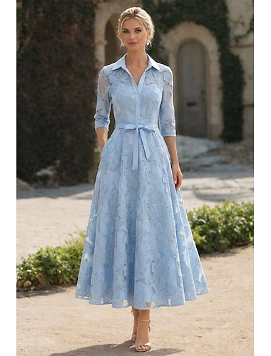  Ligne A Longueur cheville Robe Chemise Robe de Cérémonie Robe de Mère de Mariée  manche longue Col de chemise Élégant ancien Formel Jacquard avec Noeud(s) Broderie Fleur