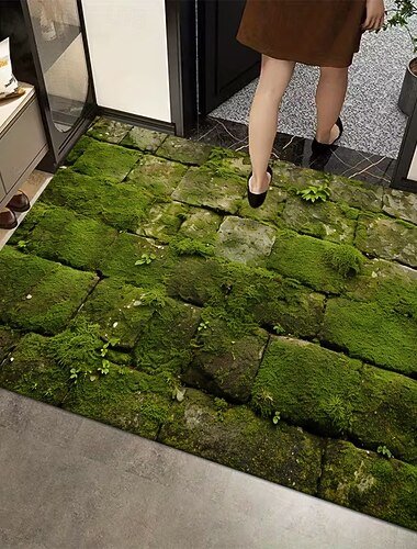  Придверный коврик с рисунком зеленого мха на фоне каменной мостовой, прочный, с противоскользящим покрытием, для освежающего оформления входа как внутри, так и снаружи дома.