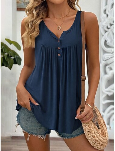  בגדי ריקוד נשים עליונית טנק Ruched כפתורים אחיד מסוגנן קלסי יום יומי ללא שרוולים צווארון V חולצות רגילות יומי סוף שבוע שחור לבן יין כחול נייבי פוקסיה קיץ אביב