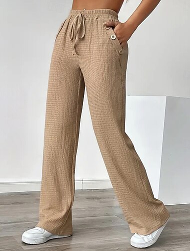  Damen Hose Sommerhose Strandhose Waffelhose Urlaub Mode Alltagstauglich Volle Länge Hohe Taille Einfarbig Einfach Kordelzug Tasche Gerader Schnitt Komfort Leicht Weich Mikroelastisch Streetwear