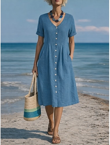  Damen Midikleid Kunstbaumwollleinen A Linie Kleid Lässig Täglich Normale Passform Einfach Kurzarm V Ausschnitt Blau Schwarz Weiß Wein Sommer Frühling